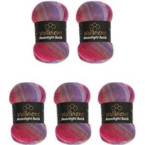 Wollbiene Moonlight Glitter Batik Simli Breiwol, 5 x 100 g, 500 g, 20% wol metallic, kleurverloop, glitterwol (3080 paars, rood, roze)