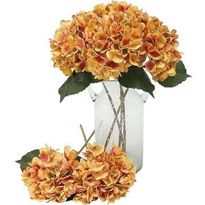 Kisflower Realistisch kunsthortensia boeket van zijde voor bruiloft, feest, kantoor, woondecoratie, verbrand oranje