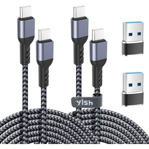 YISH USB C naar USB C PD kabel 65 W: [2 m + 2 m] USB-kabel type C naar type C snel opladen 3 A nylon gevlochten USB C-kabel compatibel met iPhone 16 15 Pro Max Samsung Galaxy S24 S23 Pixel Sony iPad