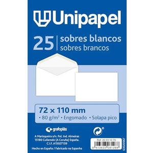 Unipapel 25 kleine witte enveloppen van wit papier, 80 g, met gomsluiting, 72 x 110 mm, ideaal als cadeau of bedankje
