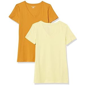 Amazon Essentials Dames T-shirt met V-hals en korte mouwen, klassieke pasvorm, lichtgeel/goudgeel, maat M