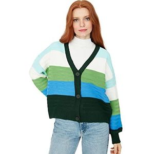 Trendyol Casual gebreide jas met V-hals en sweaterblokken, dames, groen, M, Groen