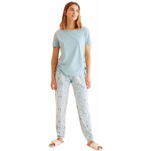 women'secret Lange pyjama, 100% katoen, geplooid, blauw, pyjamaset voor dames, Medium Blauw
