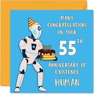 Grappige verjaardagskaarten voor de 55e verjaardag voor mannen en vrouwen - robot droid - verjaardagskaart voor papa, mama, opa, oma, oom, tante, nichtje, vriend, 145mm x 145mm