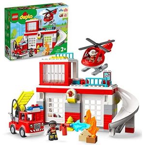 LEGO 10970 DUPLO Brandweerkazerne en helikopter, met Push & Go vrachtwagen speelgoed voor kinderen vanaf 2 jaar, grote stenen