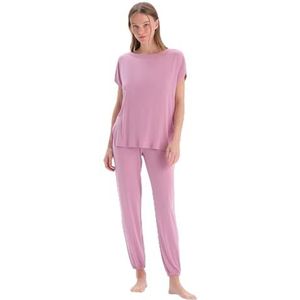 Dagi Ensemble pyjama lilas en tricot taille standard pour femme - Manches courtes - Col rond - Taille L, lilas, L