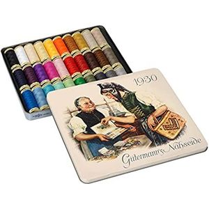 Gutermann Creativ Naaigaren – cadeauset van nostalgisch tin, 100 m, 30 spoelen, 100% polyester, hand- en machinaal naaien, verschillende kleuren