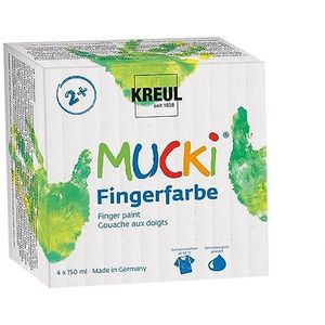 Kreul Mucki 2314 Vingerverfset, 4 x 150 ml, veganistische kleur zonder parabenen, gluten en lactose, wasbaar en bruikbaar met vinger, penseel en spons, heldere kleuren