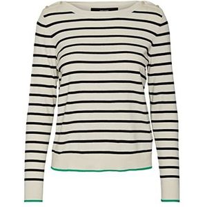 Vero Moda Vmalma Ls Boatneck Button Pullover Ga Boo gebreid, L/S dames, Berken/strepen: zwart + groen glanzend contrast