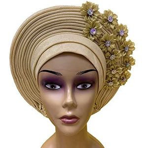 QliHut Modieuze Nigeriaanse Gele haarband met stenen voor dames, parelhoofdband met kant al gemaakt voor feestjes (beige)