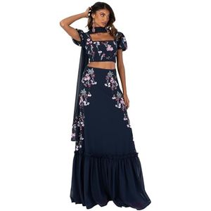 Maya Deluxe Indiase traditionele jurk voor dames, outfit, Lengha Choli Lehenga Saree Rok en Top Dupatta Coord Set voor Bruiloft Guest Top Rok Coord Dames (1 stuk), Marineblauwe bloemen