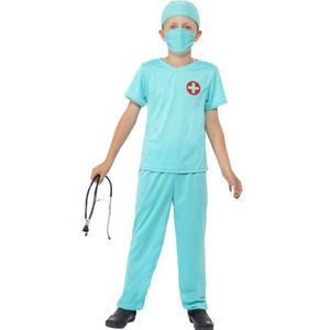 Smiffys Chirurg kostuum, blauw, met top, broek, hoed, masker en stethoscoop, maat S (4-6 jaar)