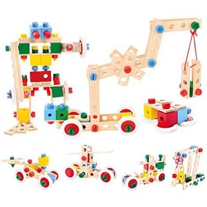 Bino Houten bouwset in emmer, speelgoed voor kinderen vanaf 3 jaar, bouwspeelgoed, 120 delen, bouwspeelgoed voor alle soorten constructies, motoriekspeelgoed