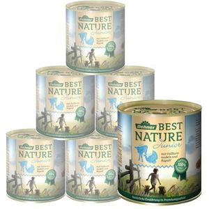 Dehner Best Nature Natvoer voor puppy's en jonge honden, kalkoen, kalfsvlees, volkorenpasta, graanvrij, 6 blikjes van 800 g (4,8 kg)