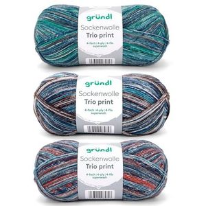 Gründl Trio 3 x 100 g sokkenwol (75% scheerwol (superwash), 25% polyamide) + handleiding (mogelijk niet beschikbaar in het Nederlands), koperblauw