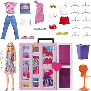 Barbie Super Dressing Speelset en blonde pop, meer dan 60 cm breed, meer dan 15 opbergvakken, spiegel, wasmand, meer dan 30 kledingstukken en accessoires, voor 3 jaar en ouder, HGX57