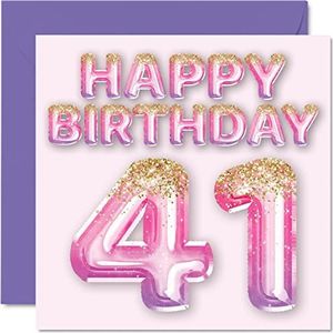 Verjaardagskaart voor de 41e verjaardag voor vrouwen – roze en paarse glitterballonnen – verjaardagskaarten voor vrouwen voor de 41e verjaardag, moeder, neef, vriendin, zus, tante, 145 mm x 145 mm