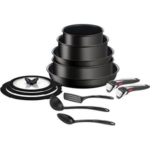 Tefal L39593 Ingenio Unlimited On 13-delige Set stapelbaar, veilige antiaanbaklaag, inductie, losse greep, veelzijdig, ruimtebesparend, stapelbaar, warmte-indicator,Zwart