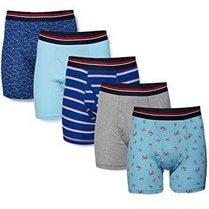 Amazon Essentials Set van 5 boxershorts zonder etiket voor heren, blauw, krabben, gemêleerd grijs, lichtblauw, haaien, maat M
