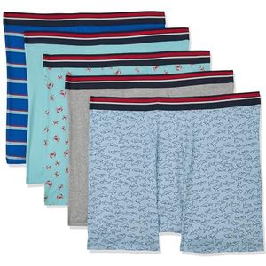 Amazon Essentials Set van 5 boxershorts zonder etiket voor heren, blauw, krabben, grijs gemêleerd, lichtblauw, haaien, XL