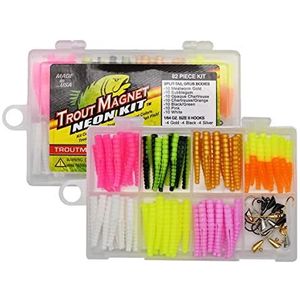 Trout Magnet 82-delige neonvisset voor het vangen van alle soorten vissen, inclusief 70 lichamen en 12 haken in maat 8, oranje, groen, wit, zilver