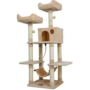Meerveil Kattenboom, 145 cm lange grote krabpaal voor katten, multi-level stabiele kattenklimtoren met gewatteerde pluche zitstokken, speeltorens, kattenklimtoren speelgoed voor katactiviteiten, beige