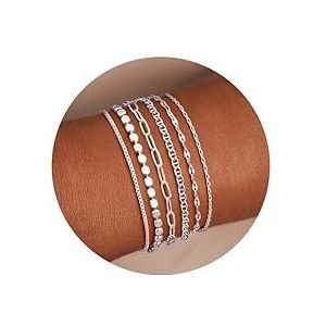 YADOCA 6 stuks 14 karaat vergulde Cubaanse paperclip visgraat armbanden doos dunne armbanden goud/zilver sieraden voor tienervrouwen, Zilver
