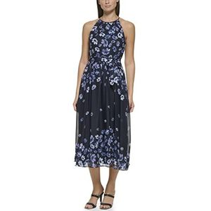DKNY Dames mouwloze bloemenprint chiffon uitlopende midi-jurk om in de taille te strikken, marineblauwe cocktailjurk, veelkleurig, maat 16, marineblauw/veelkleurig, 44, marineblauw/meerkleurig