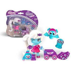 Pinypon Terrific My Monsters & Me (PNY55000) figuur voor meisjes met 3 huisdieren en wandelwagen, pop met decoraties die oplichten in het donker, voor kinderen van