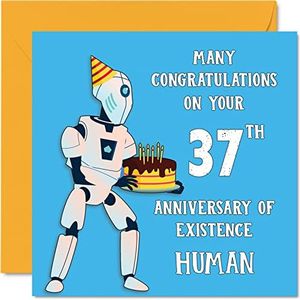 Verjaardagskaarten voor de 37e verjaardag voor mannen en vrouwen - Robot Droid - Verjaardagskaart voor papa mama zoon dochter broer zus oom tante cousine 145 mm x 145 mm