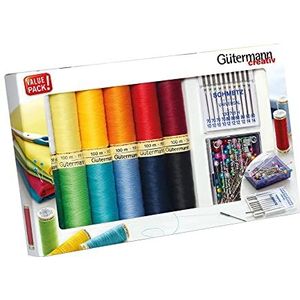 Gutermann Creativ Naaigaren - Set van 12 spoelen van 100 m + PRYM parelkopspelden + universele naalden voor SCHMETZ naaimachines, verschillende kleuren