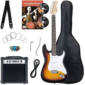 Rocktile Banger's Sunburst Elektrische gitaarset, set met 25 W versterker, hoes, riem, kabel, snaren en plectrums, bruin (Vintage Sunburst)