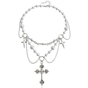 Clataly Crystal Cross Pearl Halsketting Gothic Choker Gekruisigde Hanger Ketting Zilver Kralen Sieraden voor Vrouwen en Meisjes, Parelmoer