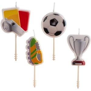 dekora Verjaardagskaarsen met voetbalthema, 8 cm, 4 unieke modellen, fluitje, beker, voetbal, laarzen, perfecte decoratie voor voetbalfans