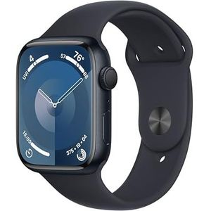 Apple Watch Series 9 (45 mm GPS) Smartwatch met aluminium behuizing en sportarmband in middernachtblauw (M/L). Tracker voor fysieke activiteit, apps voor zuurstof in het bloed en ECG, Retina-display