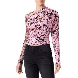 Pinko Meti Maillot Jersey Imprimé Corail Scanner avec Tulle Indétricotable T-shirt à Manches Longues Sans Cou Femme, Uy6_Rose/Noir/Beige, XS