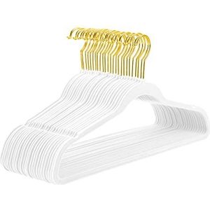 MIZGI 50 stuks premium fluwelen kleerhangers - Duurzaam - Antislip - Fijne kleerhangers van wit fluweel - Gouden haken om ruimte te besparen