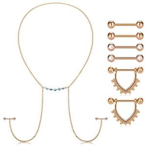 D.Bella 5 paar tepelring van roestvrij staal met ketting, tepelpiercing, barbell, tongpiercing, ringen, lichaam, piercing, sieraden, 14 g, Metaal, rvs