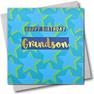 Verjaardagskaart voor kleinkinderen, blauwe sterren met tekst in goudfolie