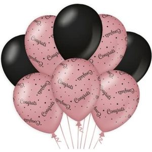 Birthday ballonnen, roze/zwart, 6 stuks