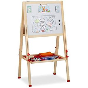Relaxdays Whiteboard en krijtbord voor kinderen, in hoogte verstelbaar, 102-135 x 55 x 52 cm, naturel