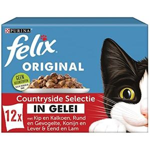 Felix Originele Countryside Selectie kattenvoer, natvoer met kip en kalkoen, met ronde en vogelte, met Konijn en Lever, met Eend en Lam in Gelei 12 x 85 g - doos van 4 (48 portiezakken, 4,08 kg)