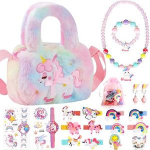 BBLTIFF Eenhoorn-handtas, sieraden voor kinderen, meisjes, eenhoorn-tas met sieradenset, eenhoorn, speelgoed voor meisjes, sieraden voor kinderen, meisjes, 3-9 jaar, eenhoorn-tas met haarclip,