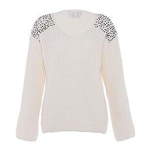 faina Tricot tendance pour femme avec col en V et rivets en diamant Blanc Taille M/L, Blanc cassé, XL