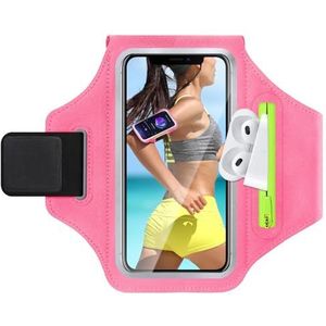 GlasFlength Brassard de sport universel pour téléphone portable - Avec poche pour écouteurs - Support pour téléphone portable - Pour iPhone 15/14/13/12/Samsung Galaxy S24/S23 Huawei Xiaomi (rouge rose