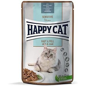 Happy Cat 70624 - Sensitive Meat in saus huid & bont zakje - natvoer voor gevoelige katten en houten bek - 85 g