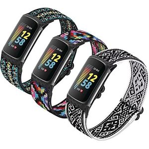 HUYIIO Set van 3 verstelbare elastische horlogebandjes, compatibel met Charge 5, zachte en ademende nylon sportarmband voor dames en heren, Geen edelsteen