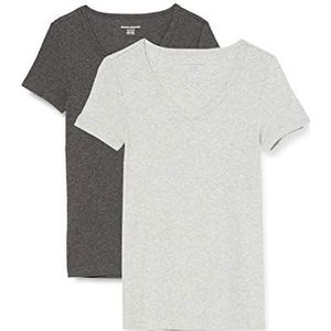 Amazon Essentials Set van 2 T-shirts voor dames met korte mouwen en V-hals slim fit, antraciet gemêleerd/lichtgrijs gemêleerd, maat XS