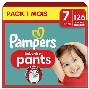 Pampers Baby-Dry luierbroekjes, maat 7, 126 tonen, 17 kg+, met een stop & Protect-zak om lekken aan de achterkant te voorkomen