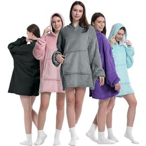 Oversized deken met capuchon voor dames en heren, dikke flanellen deken met mouwen en gigantische zak, superzacht, warm en comfortabel voor volwassenen, grijs, eenheidsmaat, grijs.